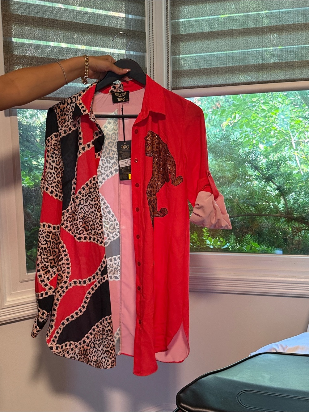 adidas Red and Black Mixed-Print Men's Button-Down Shirt